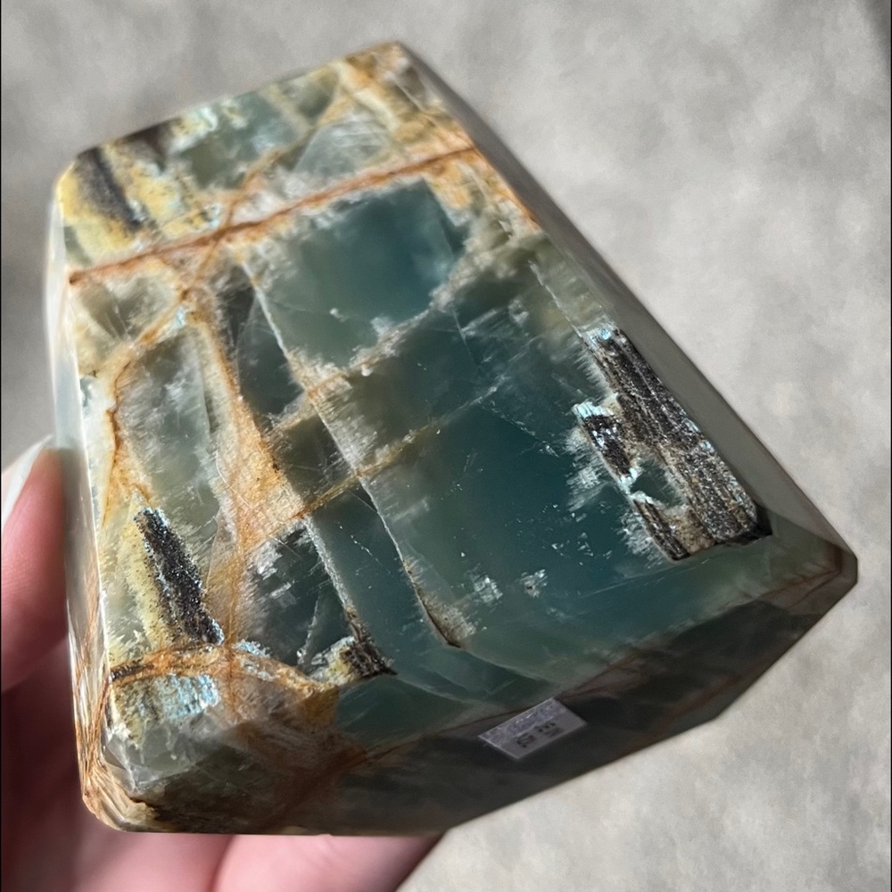 Lemurian Aquatine Calcite/Brazilian Blue Onyx Point (Polished) - Picture 10 of 17